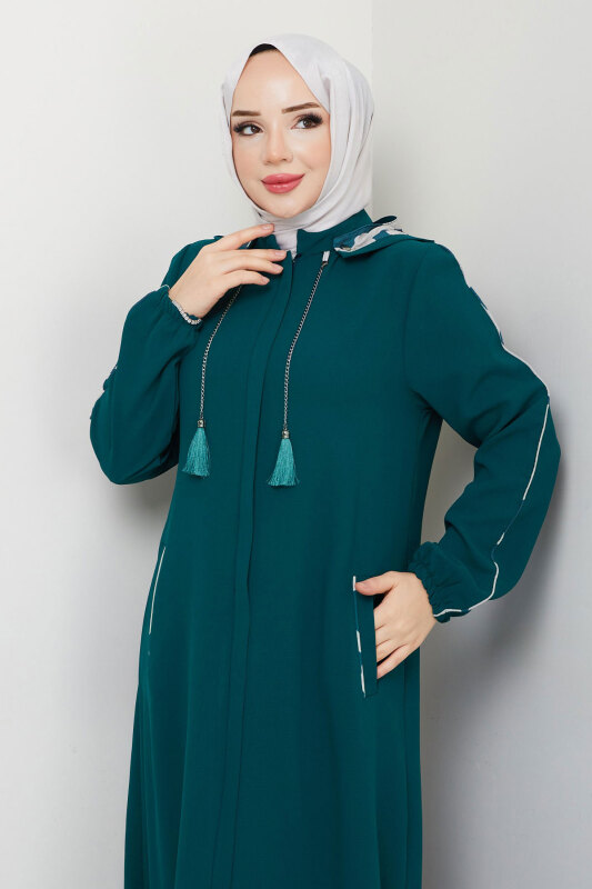 Biye Detaylı Kapüşonlu Ferace TSD250124 Petrol - Tesettür Dünyası (1)