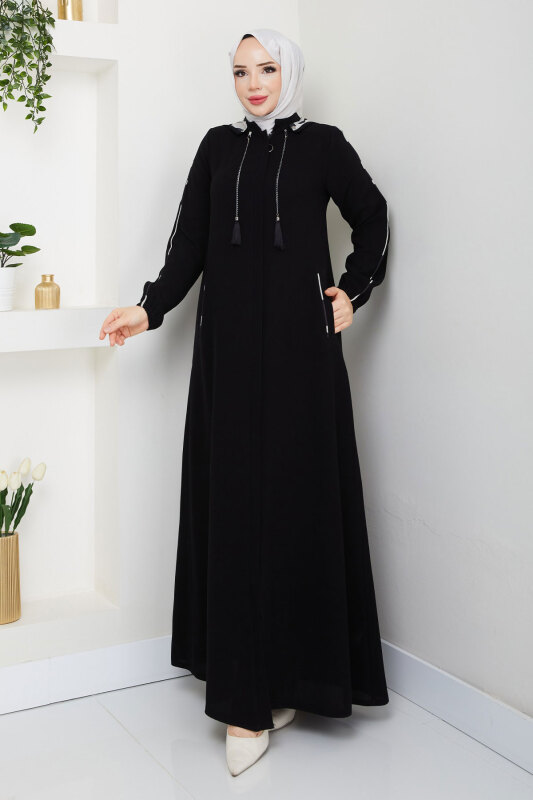 Biye Detaylı Kapüşonlu Ferace TSD250124 Siyah - Tesettür Dünyası