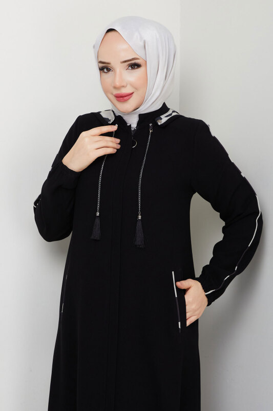 Biye Detaylı Kapüşonlu Ferace TSD250124 Siyah - Tesettür Dünyası (1)