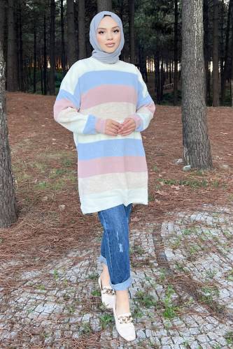 Blok Renkli Triko Tunik TSD220904 Mavi - 1
