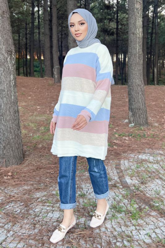 Blok Renkli Triko Tunik TSD220904 Mavi - 2