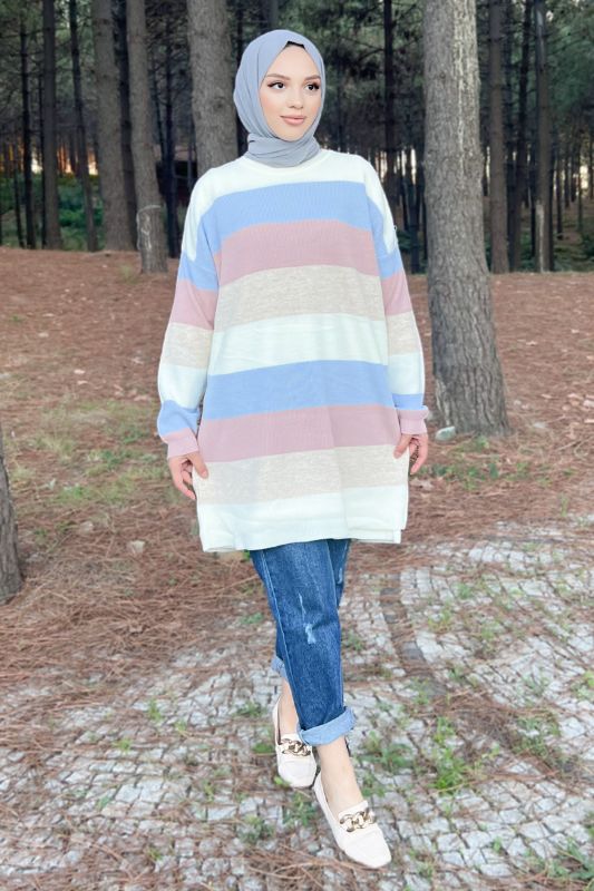 Blok Renkli Triko Tunik TSD220904 Mavi - 3