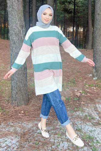Blok Renkli Triko Tunik TSD220904 Yeşil 