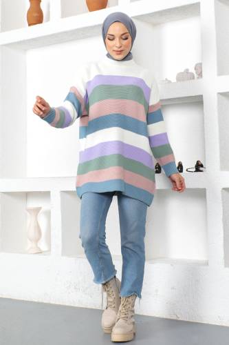 Blok Renkli Triko Tunik TSD230205 Lila 