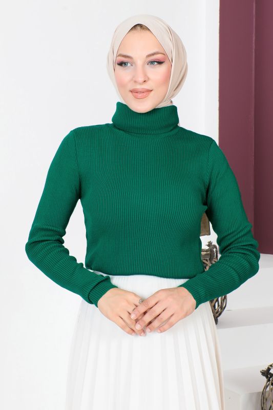 Boğazlı Triko Bluz TSD230723 Zümrüt Yeşili - Tesettür Dünyası