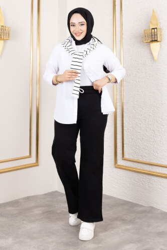 Bol Paça Beli Lastikli Kot Pantolon TSD250106 Siyah - Tesettür Dünyası
