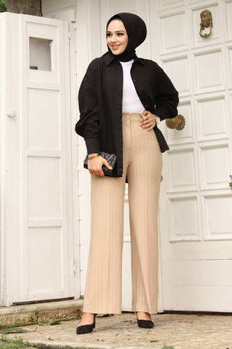 Bol Paça Çizgili Pantolon TSD240115 Bej 