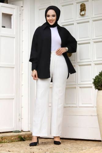 Bol Paça Çizgili Pantolon TSD240115 Beyaz 