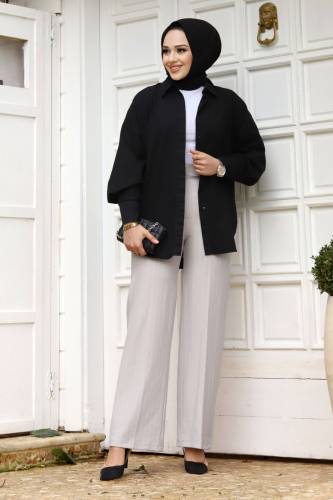 Bol Paça Çizgili Pantolon TSD240115 Gri 