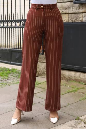 Bol Paça Çizgili Pantolon TSD240115 Kahverengi - 3