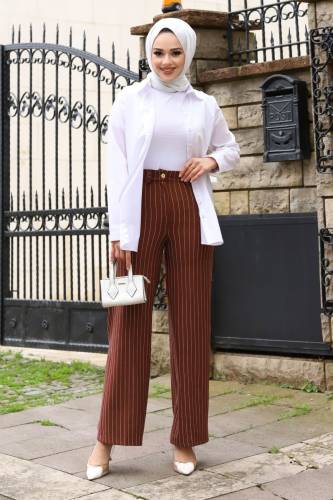 Bol Paça Çizgili Pantolon TSD240115 Kahverengi - 1