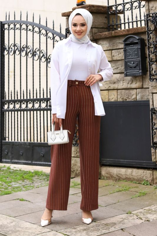 Bol Paça Çizgili Pantolon TSD240115 Kahverengi - 1