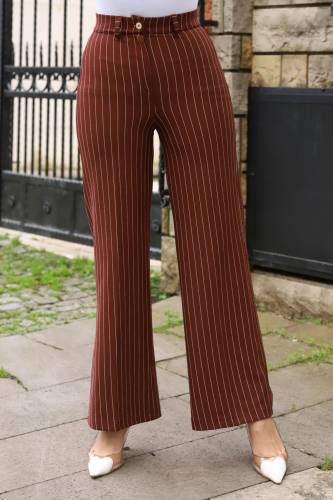 Bol Paça Çizgili Pantolon TSD240115 Kahverengi - 2