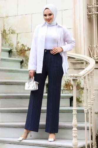 Bol Paça Çizgili Pantolon TSD240115 Lacivert 