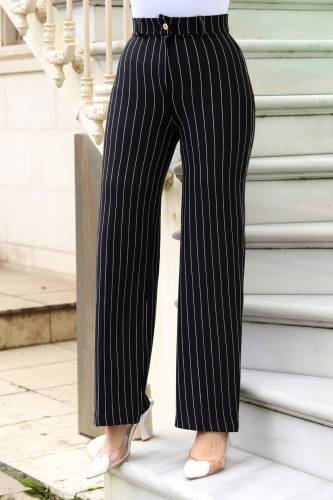 Bol Paça Çizgili Pantolon TSD240115 Siyah - 2
