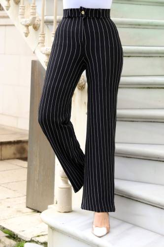 Bol Paça Çizgili Pantolon TSD240115 Siyah - 4