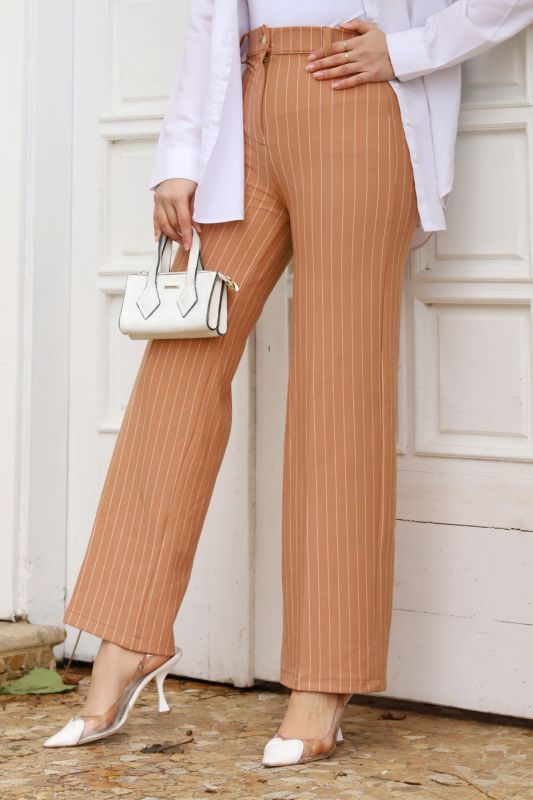 Bol Paça Çizgili Pantolon TSD240115 Taba - 4