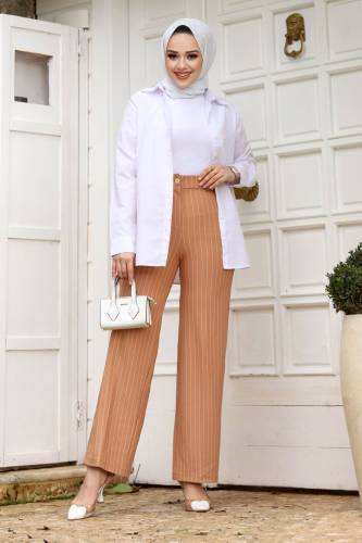 Bol Paça Çizgili Pantolon TSD240115 Taba 