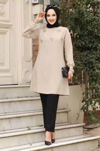 Boncuk İşlemeli Kol Ucu Lastikli Tunik TSD240407 Bej 