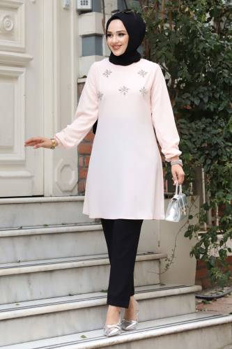 Boncuk İşlemeli Kol Ucu Lastikli Tunik TSD240407 Pudra 