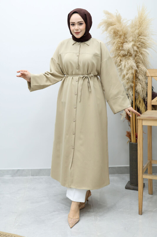 Boydan Düğmeli Beli Bağlamalı Tunik TSD260152 Bej - 1