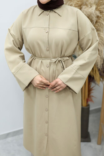 Boydan Düğmeli Beli Bağlamalı Tunik TSD260152 Bej - 4