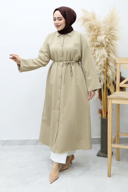 Boydan Düğmeli Beli Bağlamalı Tunik TSD260152 Bej - 5