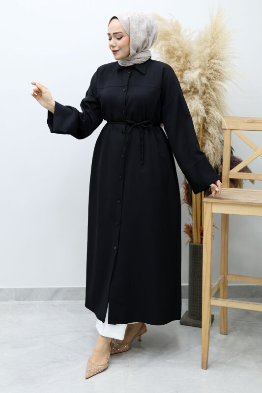 Boydan Düğmeli Beli Bağlamalı Tunik TSD260152 Siyah - 1