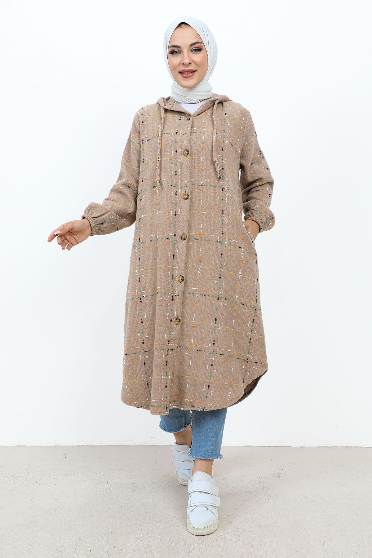Tesettür Dünyası - Boydan Düğmeli Cepli Şanel Tunik TSD231108 Camel