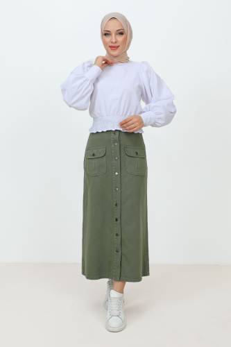 Boydan Düğmeli Cepli Uzun Kot Etek TSD231202 Haki - Tesettür Dünyası