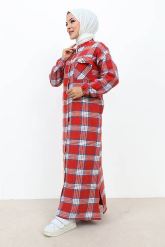 Boydan Düğmeli Ekose Desenli Elbise TSD231106 Kırmızı - 3