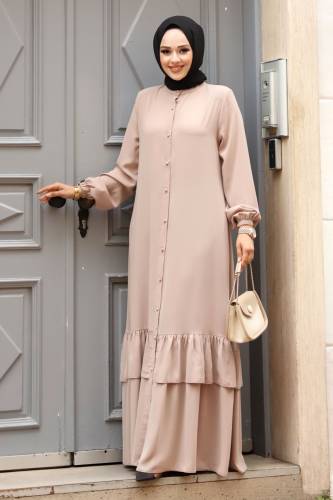 Boydan Düğmeli Eteği Fırfırlı Tesettür Ferace TSD240243 Bej 
