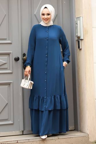Boydan Düğmeli Eteği Fırfırlı Tesettür Ferace TSD240243 İndigo 