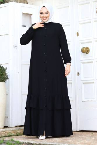 Boydan Düğmeli Eteği Fırfırlı Tesettür Ferace TSD240243 Siyah 