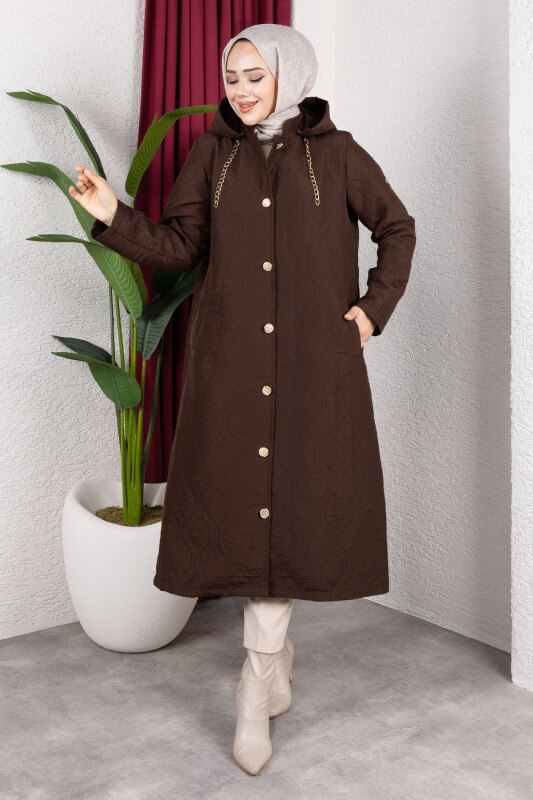 Boydan Düğmeli Kapitone Kap TSD250217 Acı Kahve - Tesettür Dünyası