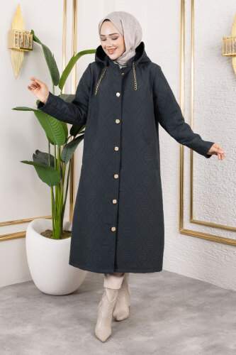 Boydan Düğmeli Kapitone Kap TSD250217 Antrasit 