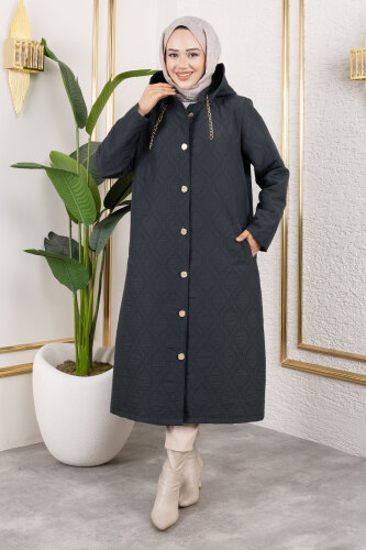 Boydan Düğmeli Kapitone Kap TSD250217 Antrasit - 3