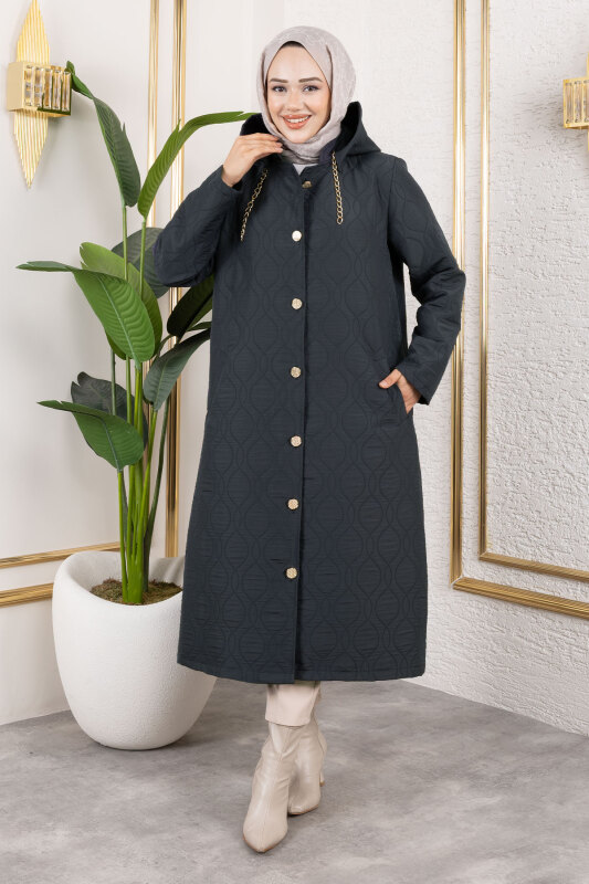 Boydan Düğmeli Kapitone Kap TSD250217 Antrasit - 3