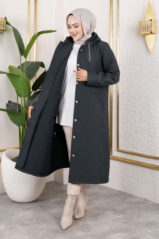 Boydan Düğmeli Kapitone Kap TSD250217 Antrasit - 4