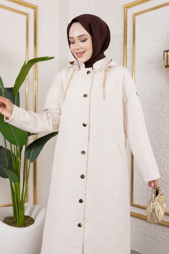 Boydan Düğmeli Kapitone Kap TSD250217 Bej - 2