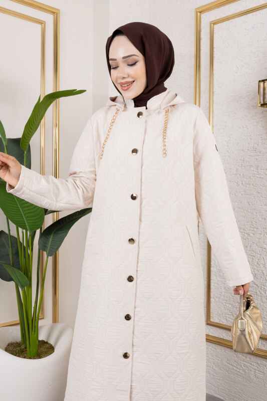 Boydan Düğmeli Kapitone Kap TSD250217 Bej - 2