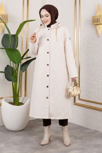 Boydan Düğmeli Kapitone Kap TSD250217 Bej - 1