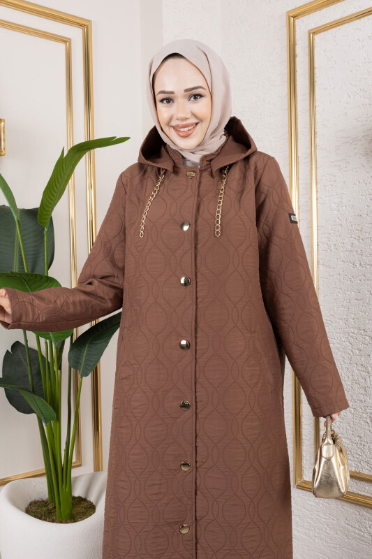 Boydan Düğmeli Kapitone Kap TSD250217 Kahverengi - 2