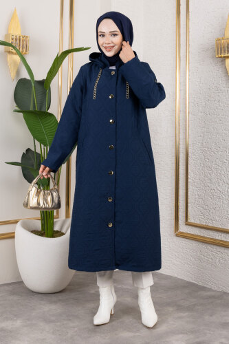 Boydan Düğmeli Kapitone Kap TSD250217 Lacivert - 3