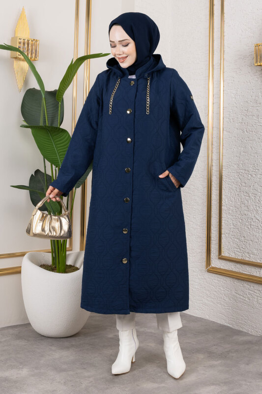 Boydan Düğmeli Kapitone Kap TSD250217 Lacivert - 4