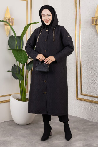 Boydan Düğmeli Kapitone Kap TSD250217 Siyah - 3