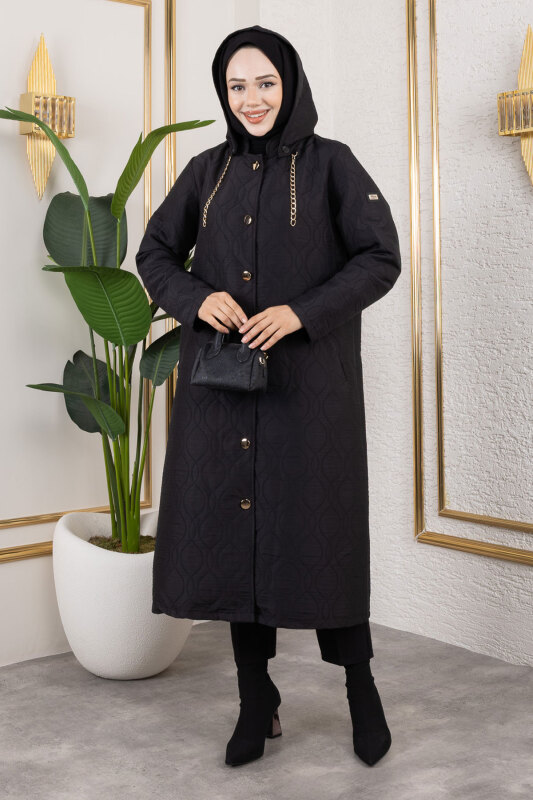 Boydan Düğmeli Kapitone Kap TSD250217 Siyah - 3