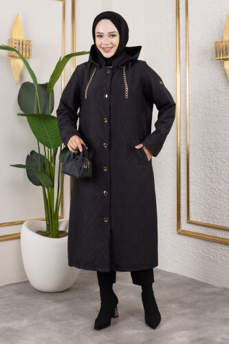 Boydan Düğmeli Kapitone Kap TSD250217 Siyah - 4