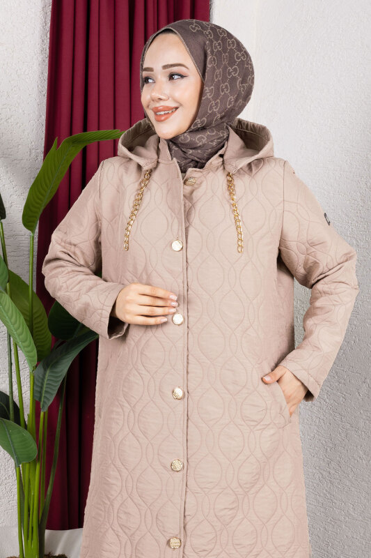 Boydan Düğmeli Kapitone Kap TSD250217 Vizon - Tesettür Dünyası (1)