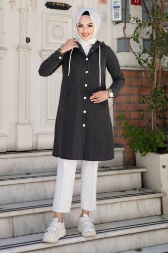 Boydan Düğmeli Kapüşonlu Kot Tunik TSD240507 Antrasit 